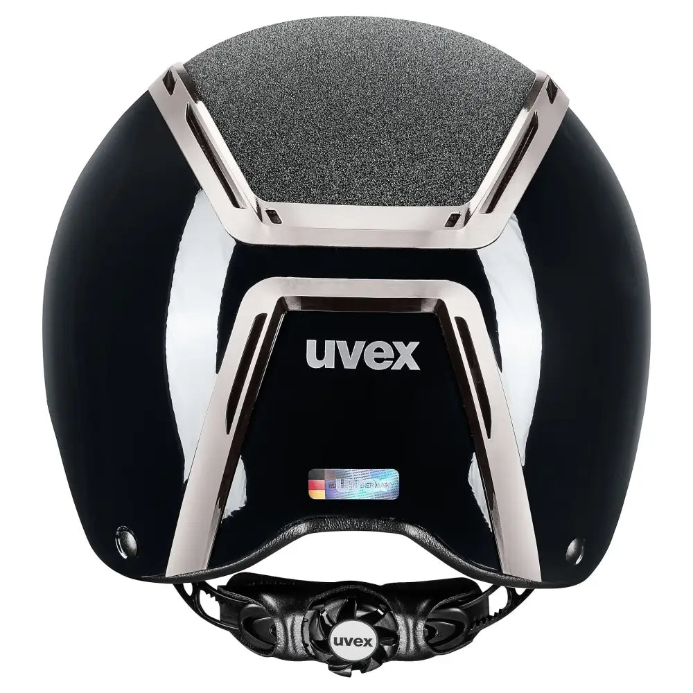 Black uvex exxeed blaze riding hat with glossy finish silver metallic accents and textured gray panels extremely impact resistant