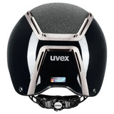 Black uvex exxeed blaze riding hat with glossy finish silver metallic accents and textured gray panels extremely impact resistant