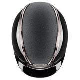 Black and silver uvex exxeed blaze riding hat with textured gray inner lining and extremely impact resistant design