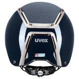 Navy blue uvex exxeed blaze riding hat with silver metallic accents and textured gray top panel extremely impact resistant