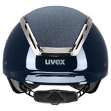 Navy blue uvex exxeed blaze riding hat with textured gray top panel silver trim and extremely impact resistant design