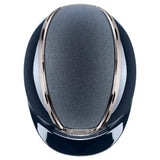 A sleek navy blue uvex exxeed blaze riding hat with textured gray lining and polished metallic trim, extremely impact resistant