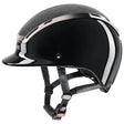 Black glossy uvex exxeed blaze riding hat with silver accents and textured top is extremely impact resistant