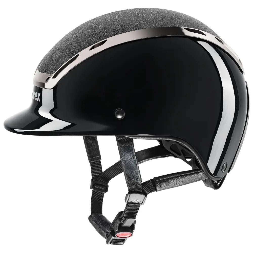 Black glossy uvex exxeed blaze riding hat with silver accents and textured top is extremely impact resistant