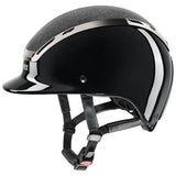 Black glossy uvex exxeed blaze riding hat with silver accents and textured top is extremely impact resistant