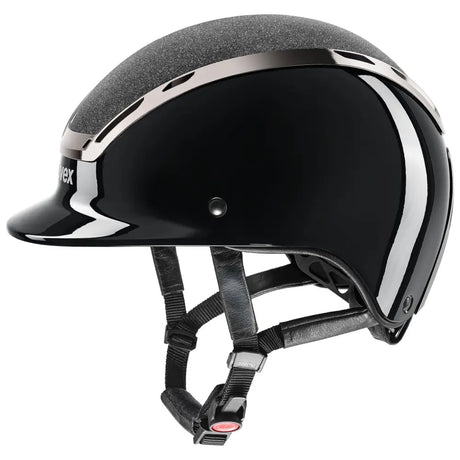 Black glossy uvex exxeed blaze riding hat with silver accents and textured top is extremely impact resistant