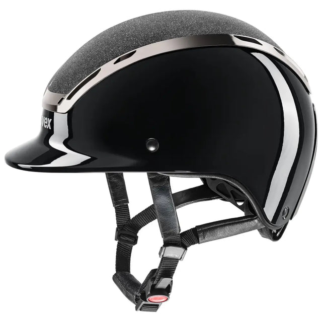 Black glossy uvex exxeed blaze riding hat with silver accents and textured top is extremely impact resistant