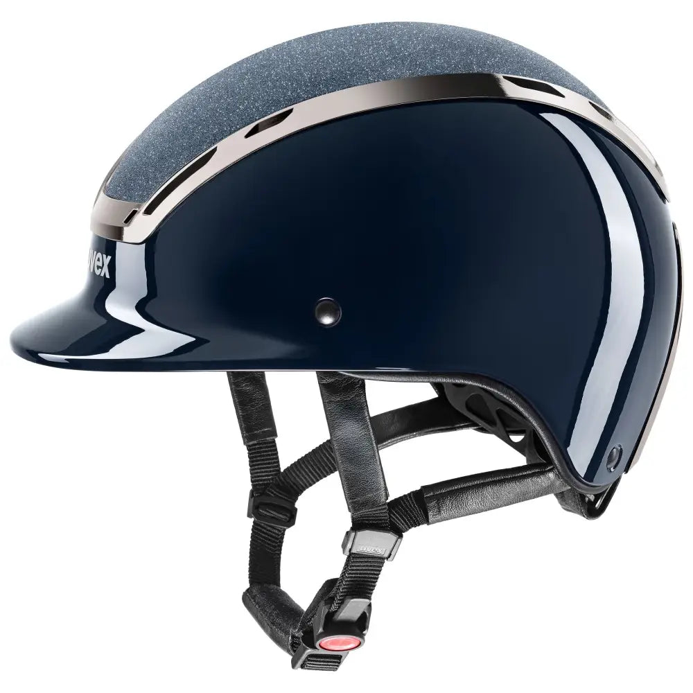 Navy blue uvex exxeed blaze riding hat with glittery gray top silver trim and black adjustable straps extremely impact resistant