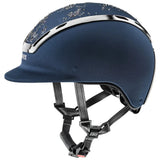 Navy blue uvex exxeed diamond riding hat with silver trim and sparkling swarovski® crystals for equestrian use