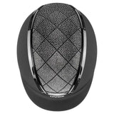 Black uvex exxeed flash riding hat with glossy finish diamond mesh panel and chrome trim vegan leather details