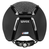 Black uvex exxeed flash riding hat with glossy finish, textured top, sleek vents, and vegan leather details