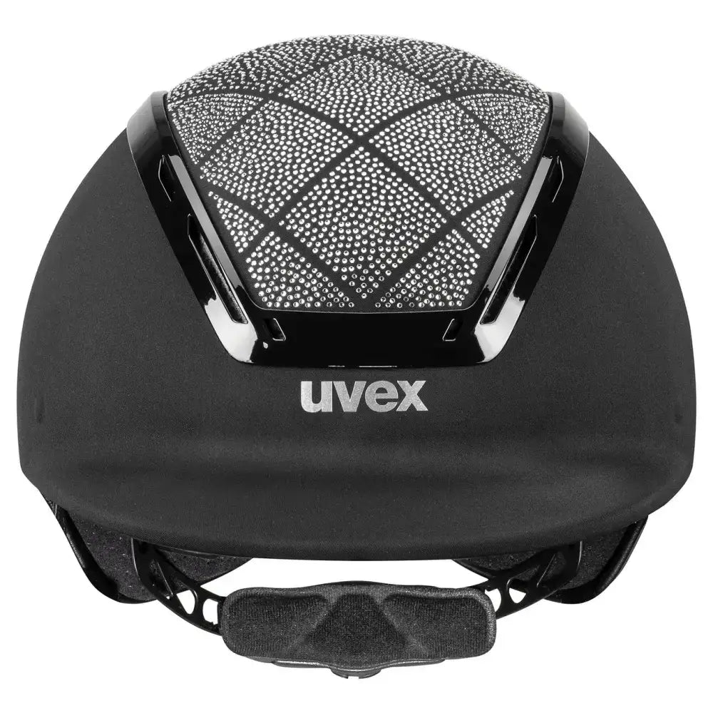 Black uvex exxeed flash riding helmet with sparkling swarovski crystals on diamond-patterned vegan leather panel