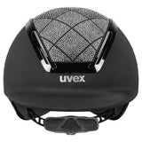 Black uvex exxeed flash riding helmet with sparkling swarovski crystals on diamond-patterned vegan leather panel