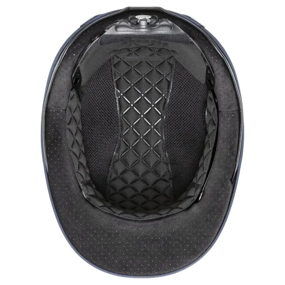 Black uvex exxeed flash riding hat with quilted vegan leather interior and mesh padding for comfort