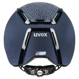 Dark blue uvex exxeed flash riding helmet with textured dotted top glossy black accents and vegan leather details