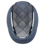 Dark blue uvex exxeed flash riding hat with silver perforated ventilation and chrome trim made with vegan leather