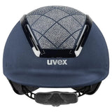 Navy blue uvex exxeed flash riding hat with swarovski crystals front panel and black vegan leather trim
