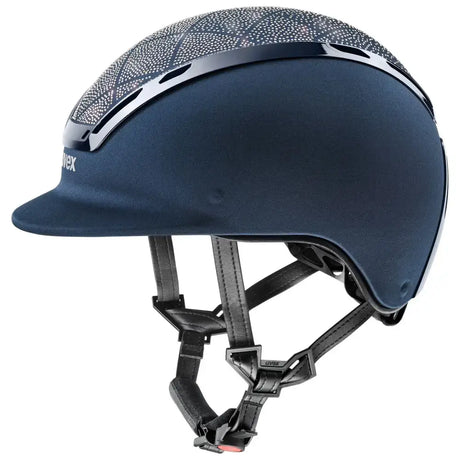 Navy blue uvex exxeed flash riding hat with swarovski crystals geometric top and black vegan leather straps
