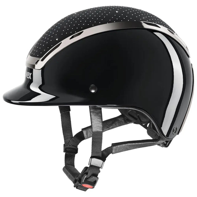 Black glossy uvex exxeed glow riding hat with silver accents dotted top and adjustable straps featuring uvex 3d ias