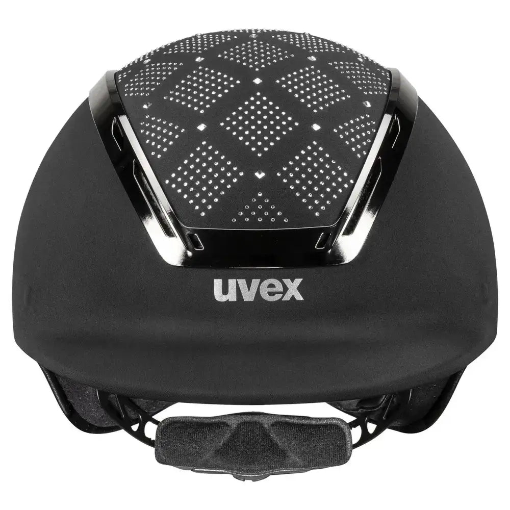 Black uvex exxeed jewel riding hat with perforated diamond top panel chrome accents and vegan leather straps