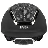 Black uvex exxeed jewel riding hat with perforated diamond top panel chrome accents and vegan leather straps