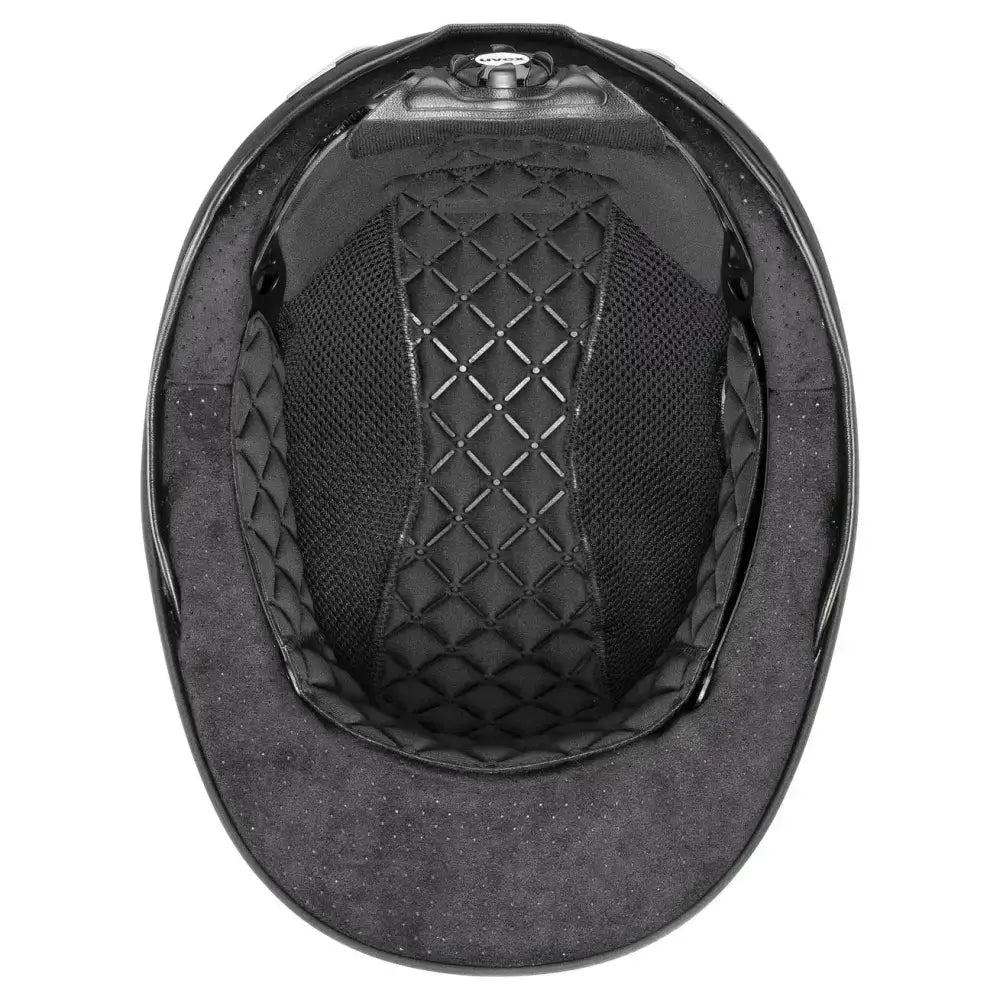 Uvex exxeed jewel riding hat in black with quilted mesh interior padded lining and vegan leather straps