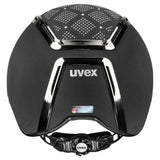Black uvex exxeed jewel riding hat with perforated top panel chrome accents and vegan leather straps