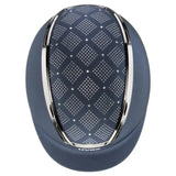 Dark blue uvex exxeed jewel riding hat with diamond-patterned silver perforations and polished chrome trim with vegan leather straps