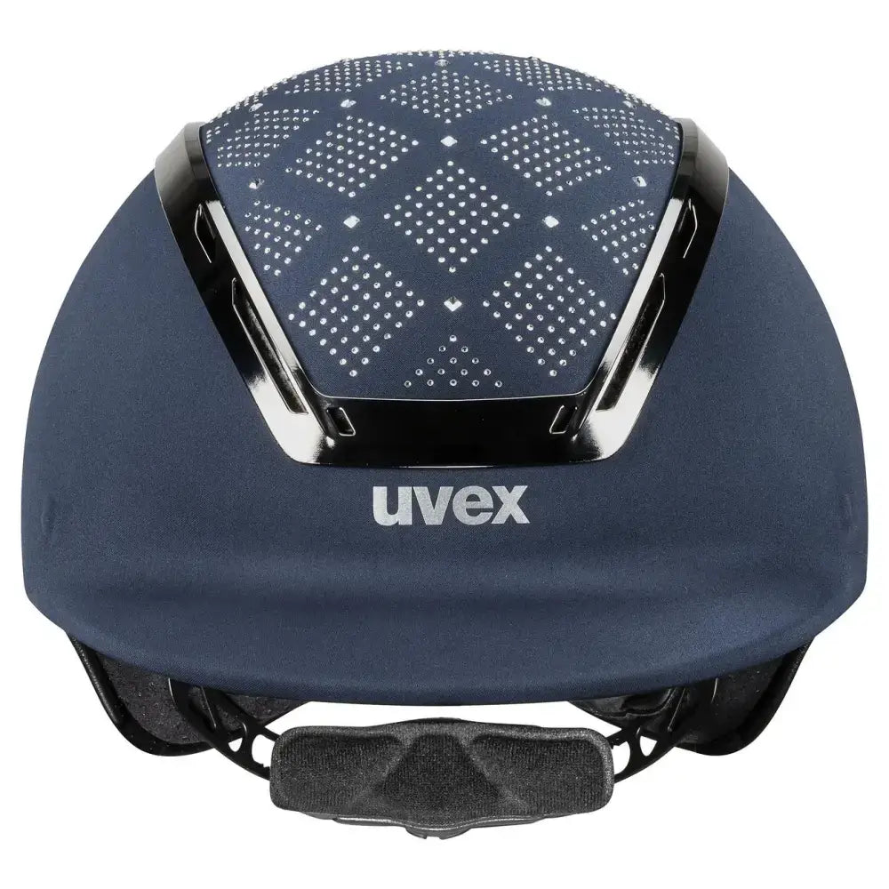 Navy blue uvex exxeed jewel riding hat with patterned perforated front panel and vegan leather straps