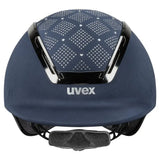 Navy blue uvex exxeed jewel riding hat with patterned perforated front panel and vegan leather straps