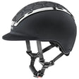 Black uvex exxeed jewel riding hat with silver band, perforated top, and adjustable vegan leather straps