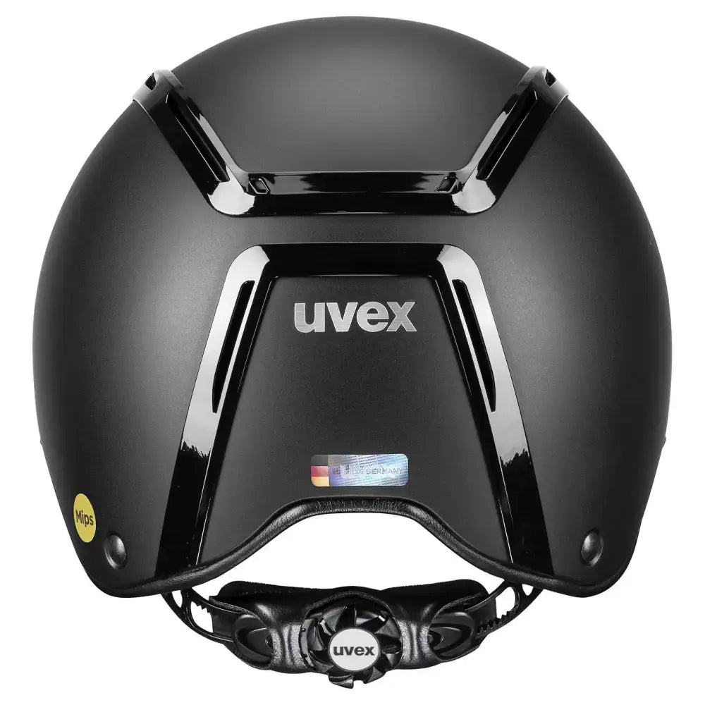 Black matte uvex exxeed mips riding hat with glossy accents features height-adjustable mips safety against dangerous rotational movements