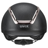 Black uvex exxeed pro riding hat with textured carbon fiber finish silver metallic accents vegan leather straps chrome frame