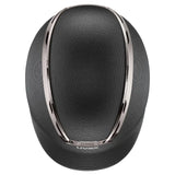 Black uvex exxeed pro riding hat with textured fabric, sleek silver metallic trim, chrome frame, and vegan leather straps