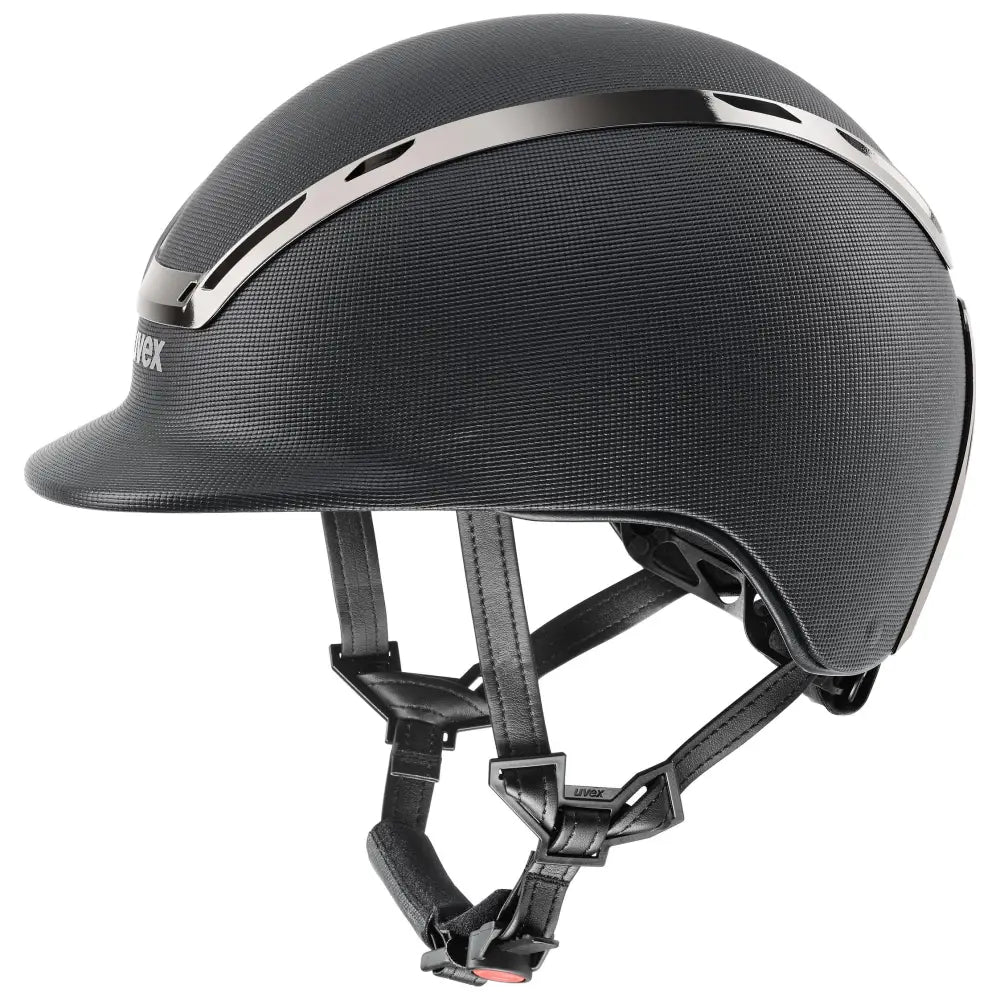 Uvex exxeed pro riding hat with black textured vegan leather straps and a sleek chrome frame accent stripe