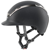 Uvex exxeed pro riding hat with black textured vegan leather straps and a sleek chrome frame accent stripe