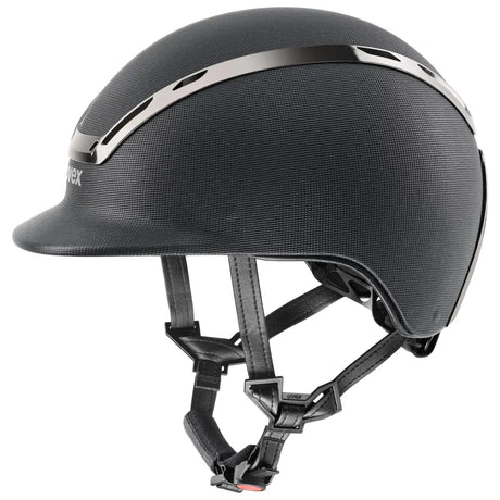 Uvex exxeed pro riding hat with black textured vegan leather straps and a sleek chrome frame accent stripe
