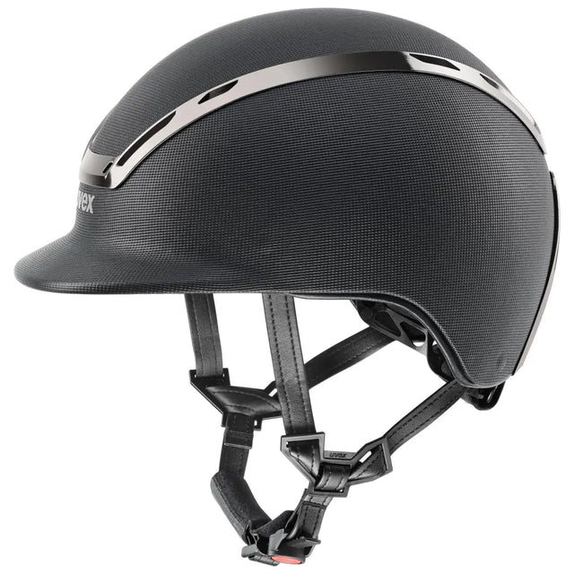 Uvex exxeed pro riding hat with black textured vegan leather straps and a sleek chrome frame accent stripe