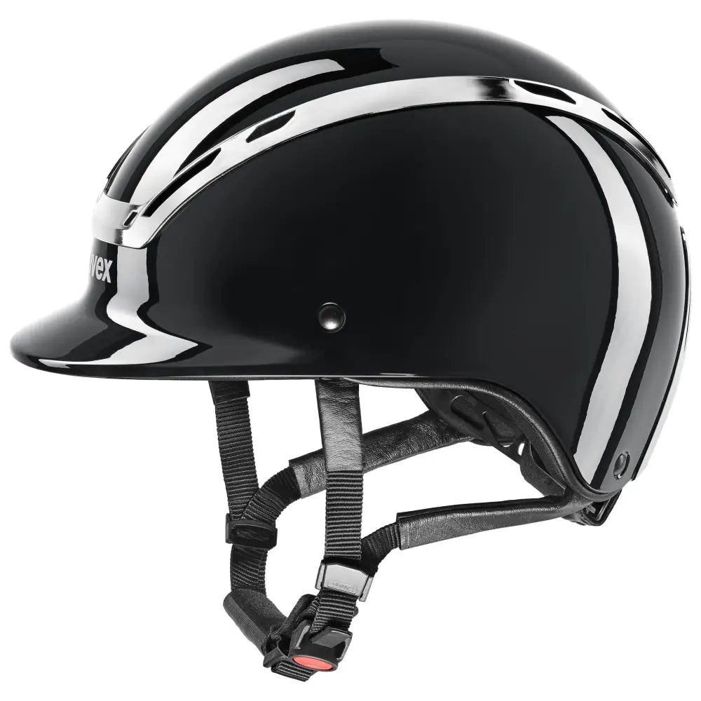 Black glossy uvex exxeed shiny chrome riding hat with silver chrome accents and branded visor featuring a striking chrome frame