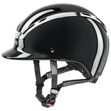Black glossy uvex exxeed shiny chrome riding hat with silver chrome accents and branded visor featuring a striking chrome frame