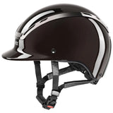 Black glossy uvex exxeed shiny chrome riding hat with silver accent stripes and black adjustable straps