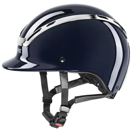 Navy blue glossy uvex exxeed shiny chrome riding hat with striking chrome frame silver stripes and black straps