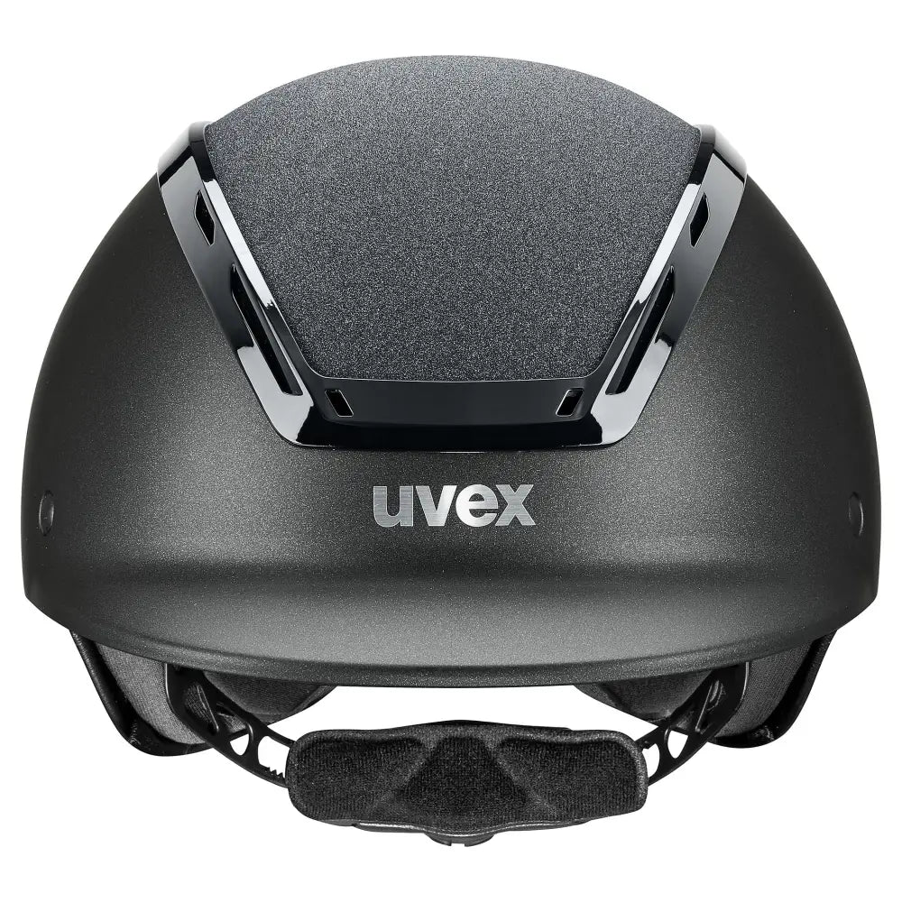 Black uvex exxeed starshine riding hat with matte finish, gray ventilation, chrome accents, and hardshell helmet technology