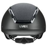 Black uvex exxeed starshine riding hat with matte finish, gray ventilation, chrome accents, and hardshell helmet technology