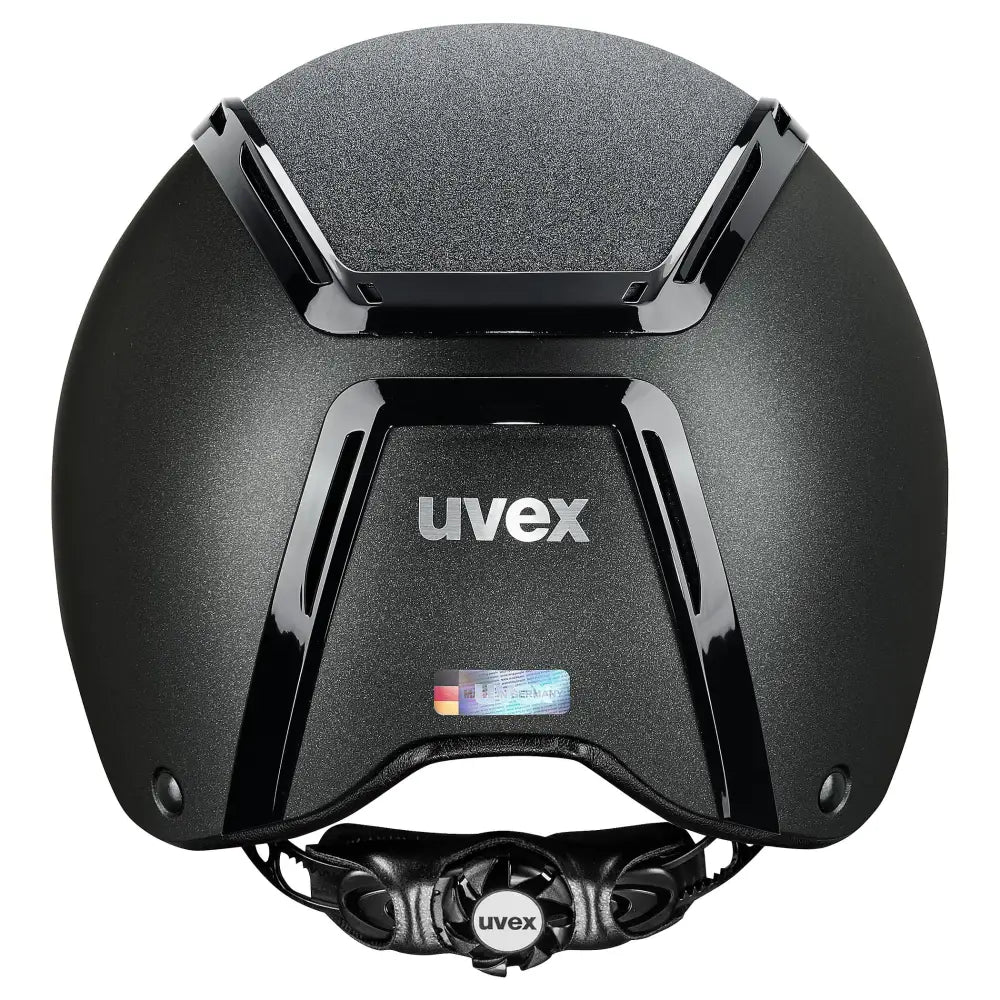 Black uvex exxeed starshine riding hat with matte finish, glossy piano lacquer accents, and hardshell helmet technology