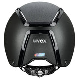 Black uvex exxeed starshine riding hat with matte finish, glossy piano lacquer accents, and hardshell helmet technology