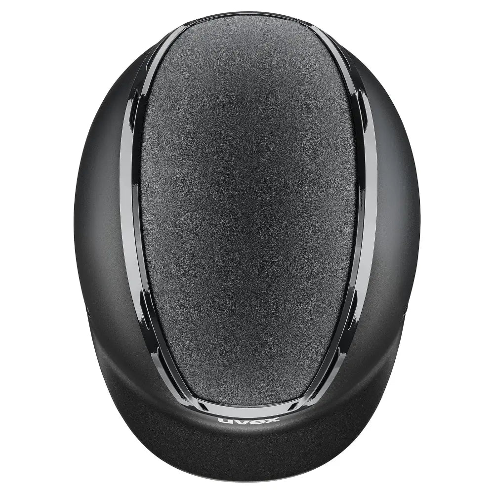 Black uvex exxeed starshine riding hat with matte finish, sleek chrome trim, and hardshell helmet technology