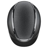 Black uvex exxeed starshine riding hat with matte finish, sleek chrome trim, and hardshell helmet technology