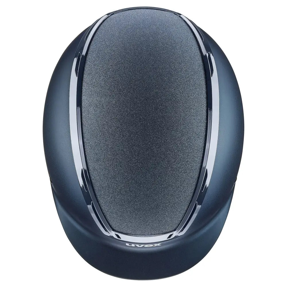 Dark gray uvex exxeed starshine equestrian helmet with matte finish chrome trim featuring hardshell helmet technology