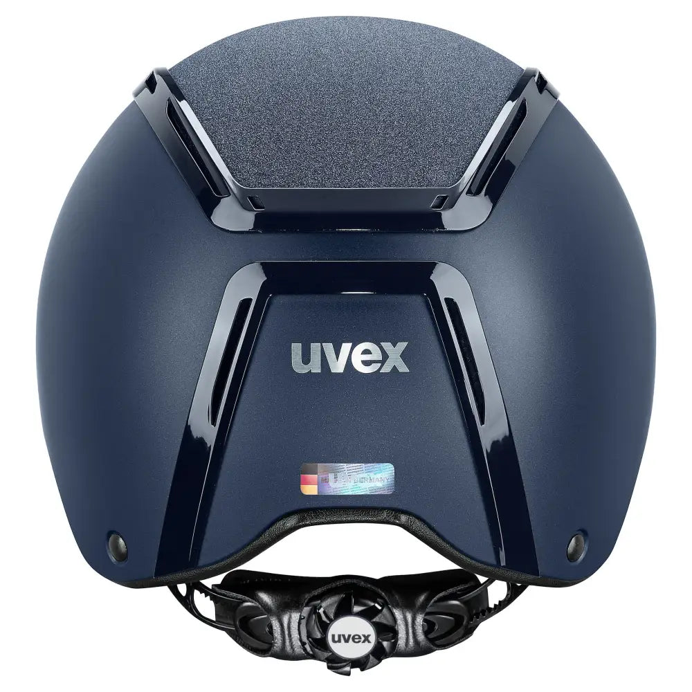 Navy blue uvex exxeed starshine riding hat with matte finish and hardshell helmet technology featuring ventilation system